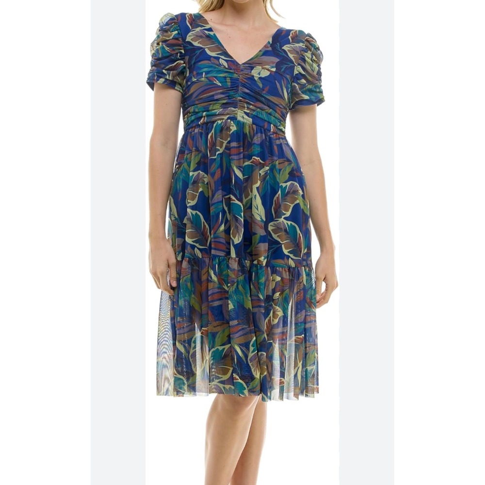 Nicole Miller Blue Tropical Leaf Mesh Midi Dress M NWT boho whimsi dainty resort